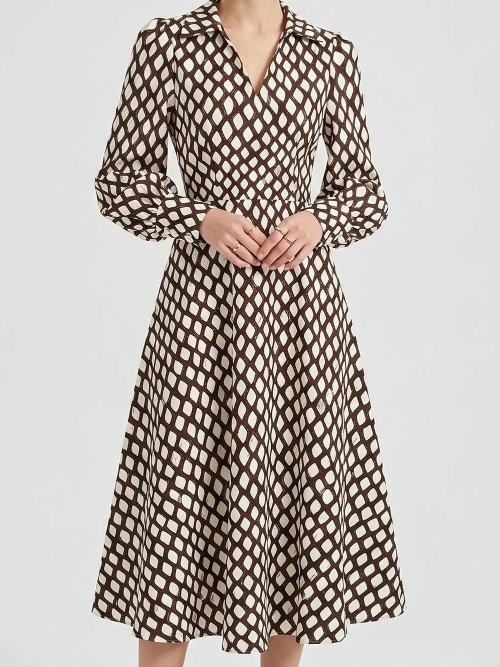 Women's Brown & Cream Geometric Wrap Midi Dress